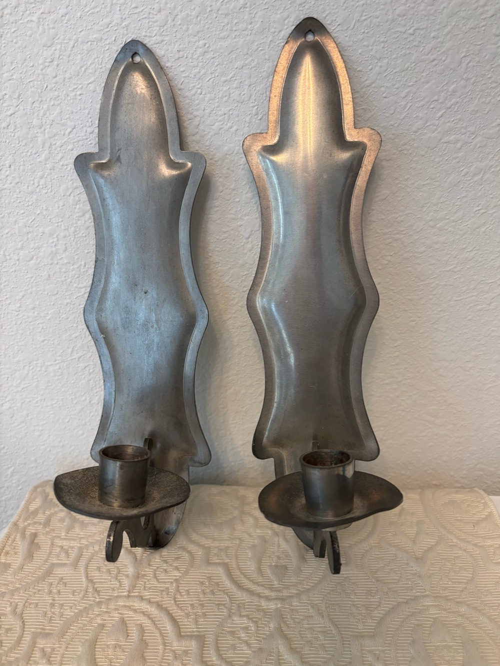 Vintage Stieff Pewter Pair Silver Flame Edge Wall Candle Sconces 12”